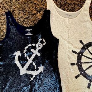 2 Women’s size large, navy blue and cream sequin tank tops.